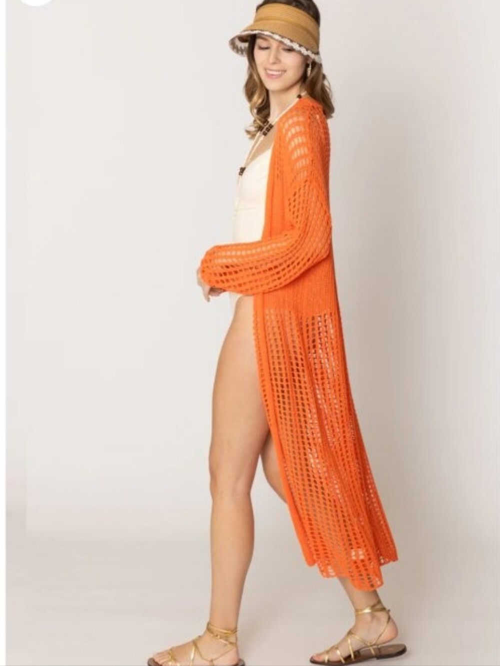 Do Everything in Love Open Knit Duster Cardigan Orange - Size OS